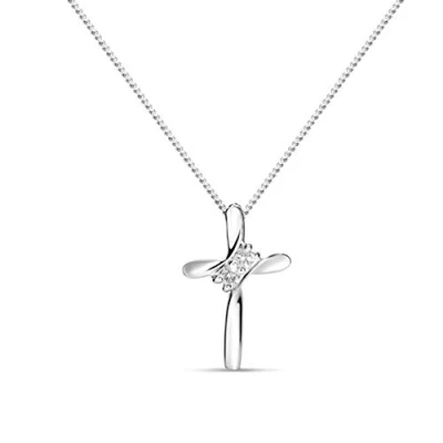 Image de MIORE Collier pour femme Design croix en Or jaune véritable 9 carats (375) Avec 2 vrais diamants Chaîne gourmette Longueur : 45 cm Bijou durable et fait main femme, blanc,