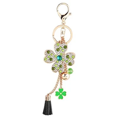 Image de Hztyyier Porte clé Trefle a 4 Feuilles avec Gland, clés Voiture Cristal Strass Femmes Sac à Main Pendentif Charme Sac(Vert)