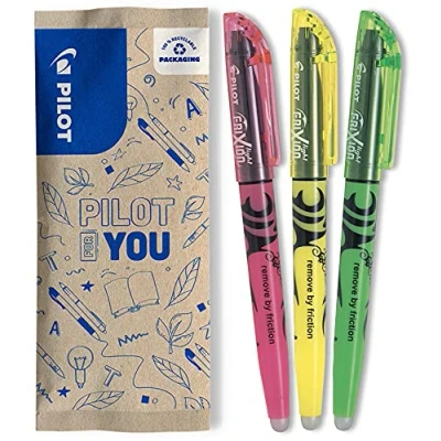 Image de PILOT Lot de 3 Frixion Light Surligneurs effaçables aux couleurs fluos 1 Jaune, Vert, Rose Pointe biseautée pour tracé fin ou plus large