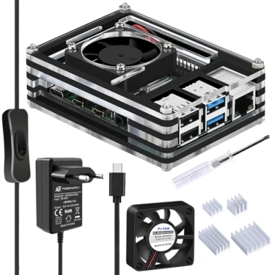 Image de GeeekPi Raspberry Pi 4 Boîtier, Boîtier avec Ventilateur, Alimentation 5V 3A USB C, Dissipateurs Pièces pour Modèle B (Uniquement 4) (Noir et Transparent)