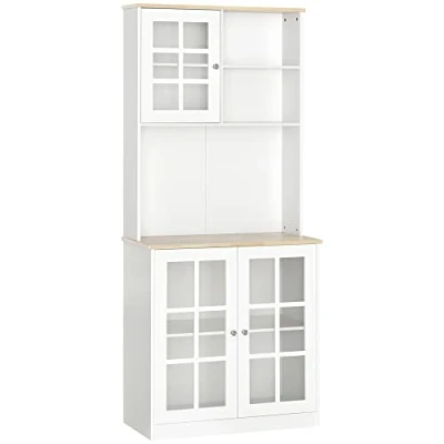 Image de HOMCOM Buffet de Cuisine Armoire Multi rangements 3 Portes vitrine Verre avec étagère 2 niches Grand Plateau MDF Blanc chêne