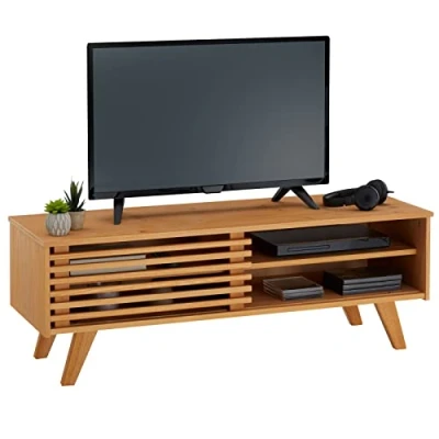 Image de IDIMEX Meuble TV Sean Banc télé de 115 cm au Design Vintage avec 4 niches et 1 Porte coulissante ajourée, en pin Massif à la Finition teintée/cirée