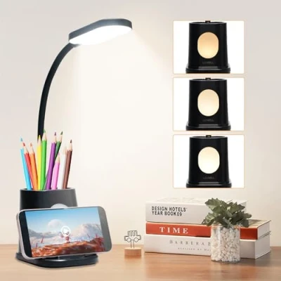 Image de LQWELL® Lampe De Bureau LED 4 En 1, Lecture USB Rechargeable Pour Le À Domicile, Veilleuse 3 Niveaux LuminositÉ, Flexible 360 Avec Support Stylo Et TÉLÉPhone (Blanc)