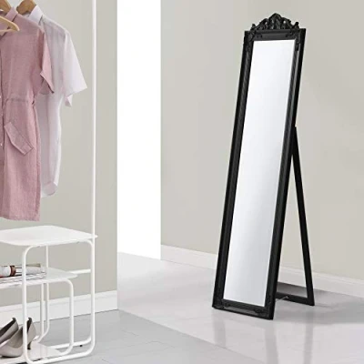 Image de [en.casa] Miroir de Grande Taille sur Pied Psyché Inclinable Solide Cadre Style Baroque Bois d&#039;Eucalyptus 160 x 40 cm Noir Mat