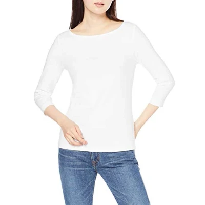Image de Amazon Essentials T Shirt Col Bateau Uni Coupe Ajustée à Manches 3/4 Femme, Blanc, XS