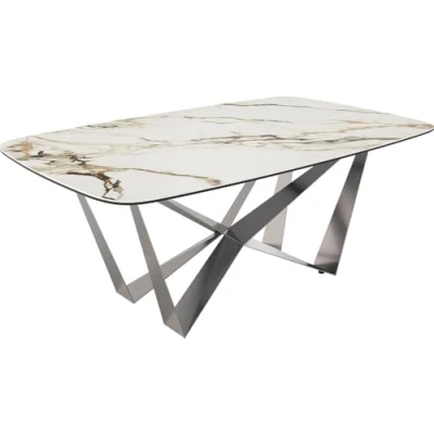Image de Table à manger Edge en forme de bateau 200x100 céramique Calacatta Luxe blanc doré gris Spider acier plat inoxydable