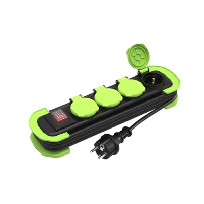 Image de MutecPower multiprise 4 Prises IP44 Prise Multiple avec Interrupteur, Exterieur Etanche, à Contact de Protection couvercles et câble Enroulable 1.4m 16A/250V Noir/Vert