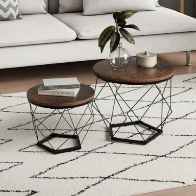 Image de Lot de 2 tables basses, salon, avec structure en métal et plateau rond, table d&#039;appoint moderne, 50 x 44 40 37 cm (l h) Aspect bois marron