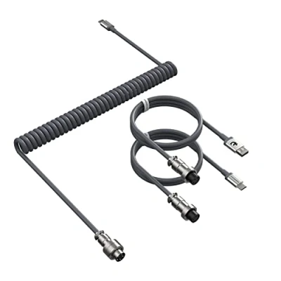 Image de ATTACK SHARK C04 Câble spiralé USB C 2 en 1,USB A vers Type C/Type C,prise d&#039;aviation métallique détachable à 5 broches,câble ressort extensible TPU pour clavier de jeu mécanique Gris