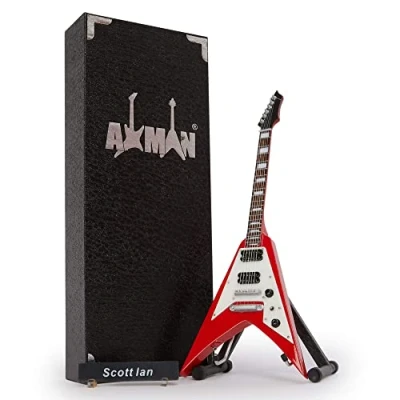 Image de Scott Ian Réplique de guitare miniature Cadeaux musique Ornement fait à la main Échelle 1/4 Comprend une boîte présentation, étiquette nom et un support