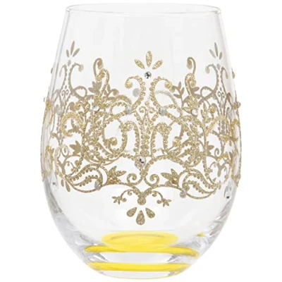 Image de Maturi Verre à vin sans pied peint la main, motif floqué doré, 530 ml, boîte cadeau