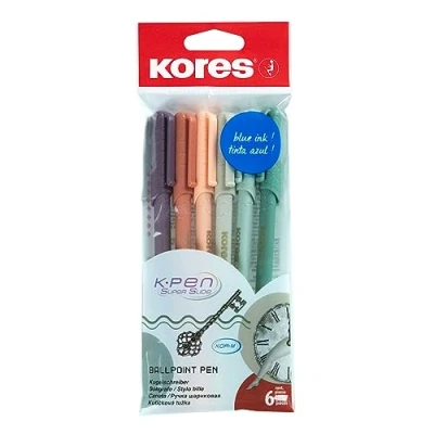 Image de Kores K0R M : Stylos à bille avec encre semi gel BLEUE au design vintage, pointe moyenne 1 mm Biro pour une écriture douce, forme triangulaire ergonomique, pack de 6