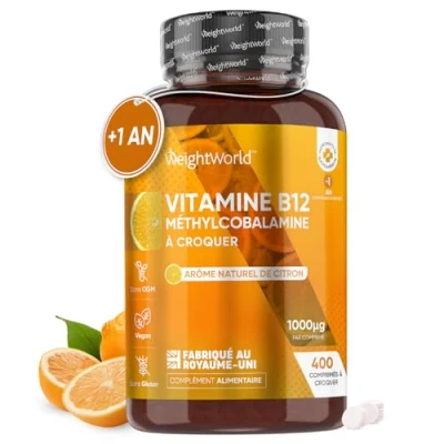 Image de Vitamine B12 Méthylcobalamine 1000mcg 400 Comprimés À Croquer Goût Citron Forte Dose Vegan Pure Pour Fatigue, Immunité, Métabolisme, Système Nerveux (EFSA) Adulte