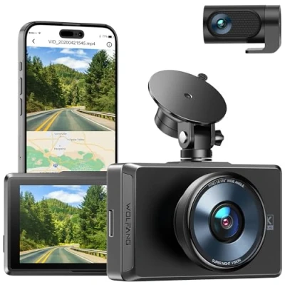 Image de WOLFANG Dashcam Avant Arrière, Caméra embarquée arrière 4K avec GPS WiFi, écran IPS de 3&quot;, G Capteur, Vision Nocturne, Enregistrement en Boucle 170 Grand Angle WDR, Mode Parkin