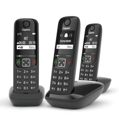 Image de Gigaset AS690A Trio 3 téléphones DECT sans fil avec répondeur écran à haut contraste excellente qualité audio profils sonores réglables fonction mains libres protection des appels, noir