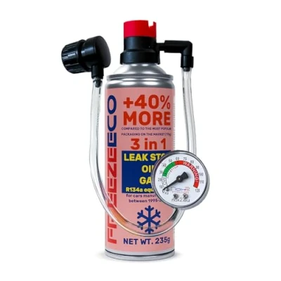 Image de FREEZEECO HOBBY réfrigérant de remplacement r134a pour climatisation automobile 1 boîte 3en1, 235g avec conduite intégrée et manomètre