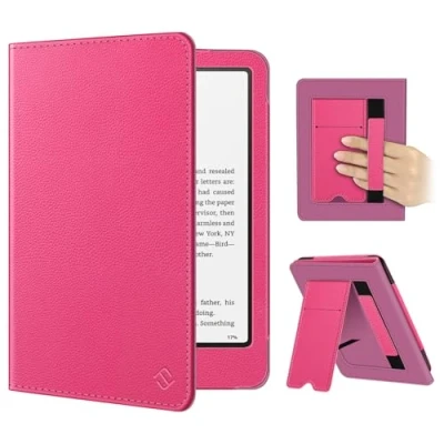 Image de FINTIE Étui pour 7&quot; Kindle Paperwhite 2024 (12e Génération) et Colorsoft Signature Edition (1re Génération), Coque avec Béquille, Compartiment Cartes Dragonne, Magenta