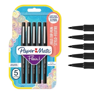 Image de Paper Mate Flair Feutres de Coloriage, pointe moyenne (0,7 mm), encre noire, lot 5