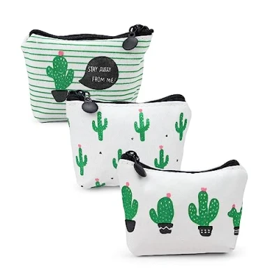 Image de PARFCO Mini Porte Monnaie, 3 Pièces Petit Monnaie Femme, Sac à en Toile avec Fermeture Éclair, Mignon Motif de Cactus pour Clés, Argent, Cartes