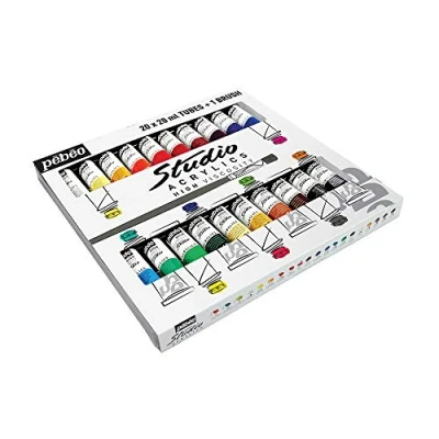 Image de Pébéo Studio Acrylics Etui 20 tubes de ml Assortis et Pinceau Kit Peinture Acrylique Assortiment ml, Blanc