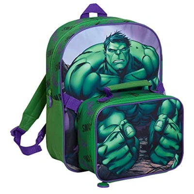 Image de MARVEL The Hulk Sac à dos avec déjeuner pour enfants d&#039;école 2 pièces Ensemble repas isotherme assorti, Vert, Taille unique,