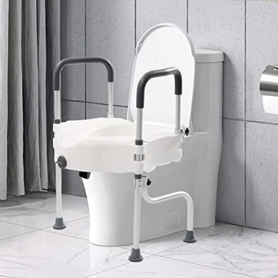 Image de HuKaiL Rehausseur de siège toilette 11 cm avec accoudoirs/accoudoirs/abattant WC, aide au relèvement, hauteur réglable 15 à 23 et capacité charge 150 kg, angle rotation