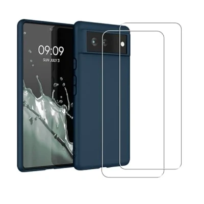 Image de Coque Google Pixel 6 Silicone Liquide Bleue Marine + 2 Vitres en Verre trempe Protection ecran Antichocs