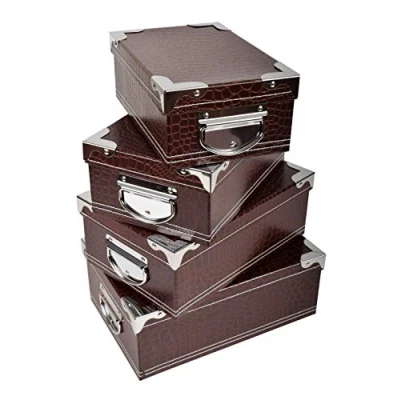 Image de 2.J. 2J Brown Set of 4 Cardboard Storage Boxes with Lid Metal Angles and Handles. Sizes: 23x15x9,25x16.5x10,27x18x10.5,29x20x11cm