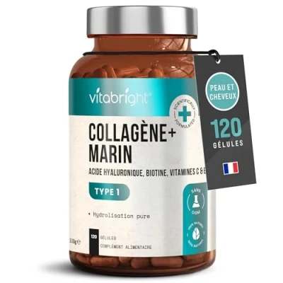 Image de Collagène Marin Hydrolysé et Acide Hyaluronique Complexe, 120 gelules, Peptide de Collagene 2000 dalton Vitamine C, Complement Alimentaire Peau Articulations, VitaBright Collagen