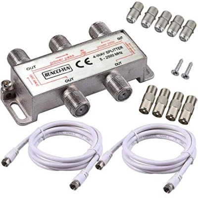 Image de RUNCCI YUN 4 Voies Répartiteur Large Bande TV CATV d’Intérieur Séparateur MoCA 5 2500MHz avec 2 * 1,5 m de Câble Coax F Prises pour Sky Box Telewest Eurovox Starview Dreambox