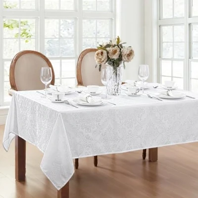 Image de Elrene Nappe damassée en Polyester, Blanche, 132,1 x 177,8 cm, rectangulaire/rectangulaire