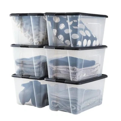 Image de Iris Ohyama, Boite Rangement Plastique avec Couvercle, 45L, Lot de 6, Noir, Clips Fermeture, Poignée,Empilable, Organisation Solide &amp; Durable, pour Chambre, Dressing, Bureau, NTB 45