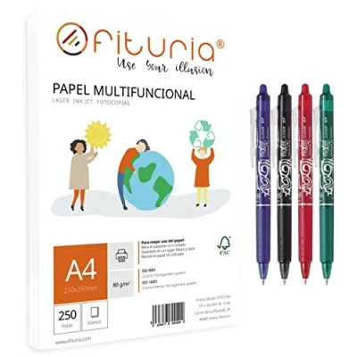Image de Lot de 250 feuilles blanches A4 80 g, papier multifonction pour l&#039;école et les conditions travail + 4 Pilot Frixion Clicker effaçables (bleu, noir, rouge vert)