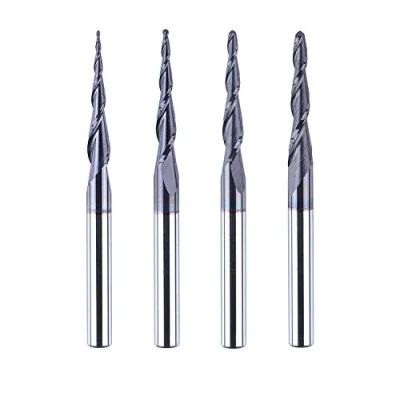 Image de SpeTool 4 Pièces Fraise Conique Defonceuse 4mm Rayon de 0.25 1.0mm CNC en Carbure Tungstène avec Revêtement TiAIN pour la Gravure et Sculpture 2D 3D dans le Travail du Bois