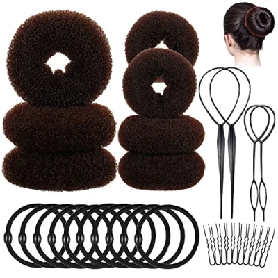 Image de 31pcs Donuts Cheveux Ensemble De Bun Maker Chignon Donut Accessoires Coiffure Magique Beignet Tailles Diverses