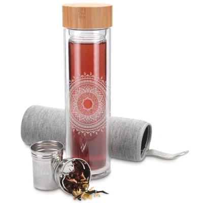 Image de Navaris Bouteille de Thé en Verre Gourde avec Infuseur Inox pour Sachet et Fruits Double Paroi Transport Boissons 500mL Température Max. 95 C