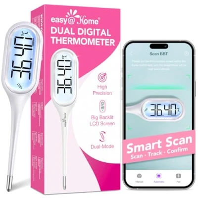 Image de Easy@Home Thermomètre Basal Digital Corporel, Mode de BBT et Rapide avec Embout Souple pour Détecter l’Ovulation par l’App PREMOM, Fièvre Bébé Enfant Adulte