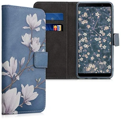 Image de kwmobile Coque Portefeuille Compatible avec Samsung Galaxy A7 (2018) Étui à Rabat Tissu Similicuir Compartiment Cartes Taupe Blanc Bleu Gris