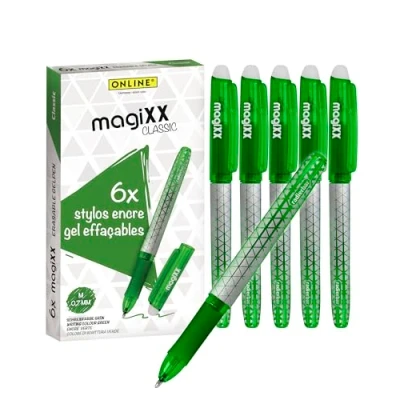 Image de Online 6x stylo roller effaçable, encre gel vert magiXX Classic, ergonomique avec partie soft grip, rechargeable, ideal pour enfants et l&#039;école, pointe moyenne