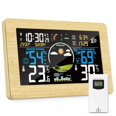 Image de VIFLYKOO Station Météo Sans Fil, Thermomètre et Hygromètre Intérieur Extérieur avec Capteur Externe, Prévisions Météo, Écran VA 7,5&quot;, Baromètre, Alarme, 4 Rétroéclairage Réglable, Couleur du Bois