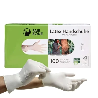 Image de FAIR ZONE Lot de 100 Gants jetables en latex Taille L Non poudrés Durables et commerce équitable respectueux l&#039;environnement sans plastique