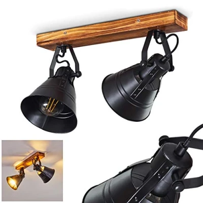 Image de HOFSTEIN Plafonnier Berkeley en bois et métal noir, 2 spots de plafond orientables style industriel, lampe rétro idéale dans un salon vintage, pour ampoule E27, ampoule(s) non incluse(s)