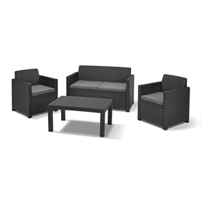 Image de Keter Allibert by Merano Ensemble de Meubles Jardin en Plastique avec Coussins, Gris, 4 pièces, 2 fauteuils, canapé et Table, pour terrasse, Aspect rotin Plat
