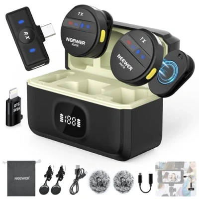 Image de NEEWER Micro Lavalier sans Fil pour iPhone, Mini Réduction Bruit avec USB C/OTG/Boîtier de Chargement Batterie 24H Vidéo Vlog Compatible iPhone 16 15 Téléphone Android PC Ordinateur, KM18