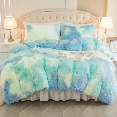 Image de EMME Parure de lit en flanelle avec housse couette 135 x 200 cm et 1 taie d&#039;oreiller 80 cm, pour à poils longs, bleu vert