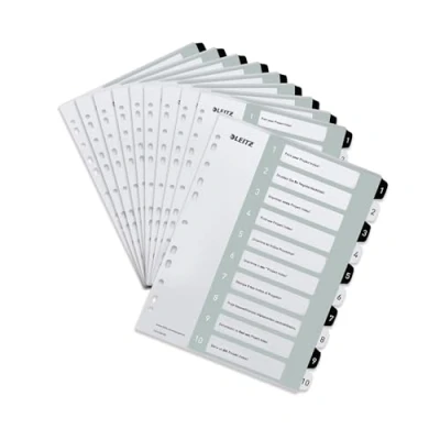Image de Leitz Lot de 10 intercalaires pour format A4 avec et chiffres imprimés 1 à 10, extra large, blanc/noir, polypropylène, WOW, 12150000