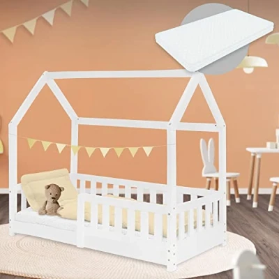 Image de ML Design Lit d&#039;enfant en Forme Maison 70x140 cm Blanc avec Matelas à Mousse Froide Polyester, Housse Amovible, Sommier Lattes, Anti Chute, Bois de Pin Massif, Protection Contre Chutes