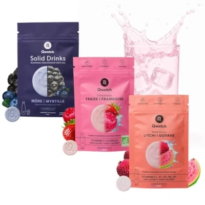 Image de Qwetch SOLID DRINKS 36 Pastilles d&#039;hydratation avec Vitamines C &amp; B Boisson Sans Sucres Saveurs Fraise&amp;Framboise, Mûre&amp;Myrtille, Litchi&amp;Goyave Vegan, Zéro Calories, Fabriqué en France