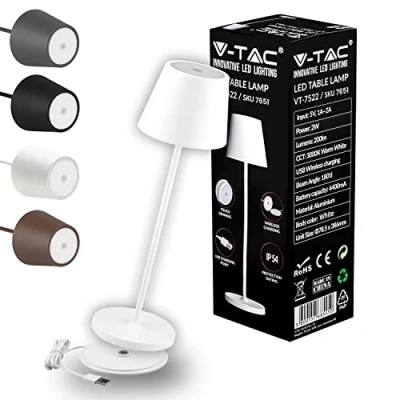 Image de V TAC Lampe de Table sans Fil LED Dimmable avec Commandes Tactiles Élégante Blanche pour Intérieur et Extérieur IP54 Maison, Restaurant, Bureau 4400 mAh Lumière Blanc Chaud 3000K
