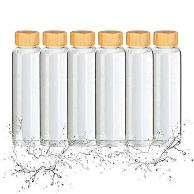 Image de Relaxdays Gourde en Verre, Lot de 6, 500 ML, Bouteille, Bouchon Bambou, Housse, Verre Borosilicate, Transparent/Noir